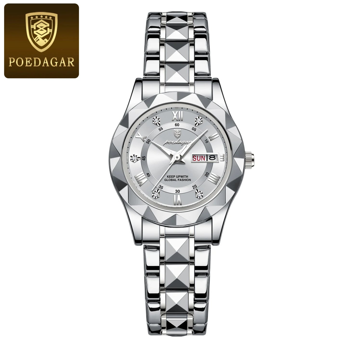 POEDAGAR, reloj de lujo para mujer, luminoso, resistente al agua, con fecha semanal, reloj de pulsera para mujer, relojes de cuarzo de acero inoxidable para mujer, reloj + caja