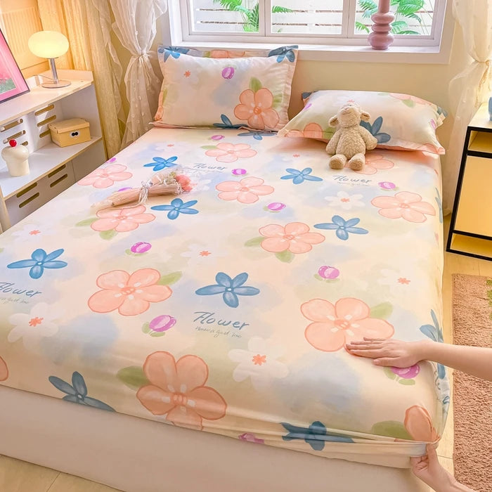 Juego de sábanas ajustadas de algodón 100% puro con funda de almohada, funda de cama con estampado de flores, sábanas individuales/Queen/King Size