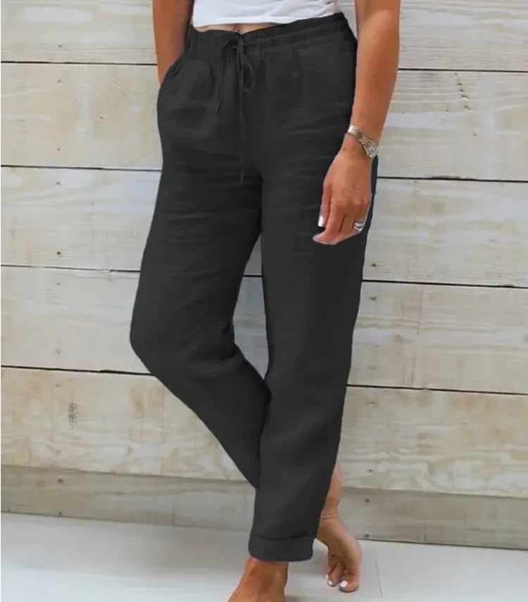 Pantalones de verano de lino y algodón para mujer, pantalones informales elásticos de cintura alta, ropa de calle lisa para mujer, pantalones pitillo holgados 2024