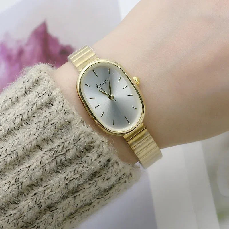 Reloj de cuarzo ovalado con esfera pequeña para mujer, correa de bambú de acero inoxidable, reloj de pulsera de regalo de lujo a la moda para estudiantes y niñas, envío directo
