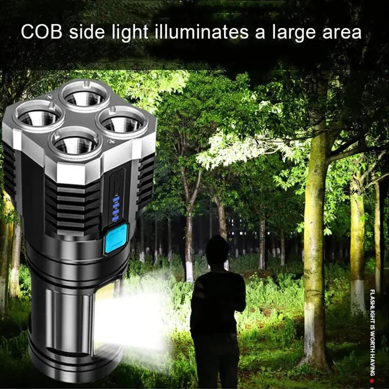 Linterna LED de luz fuerte para acampar, 4 lámparas y luces laterales COB, linterna de mano portátil recargable por USB para exteriores