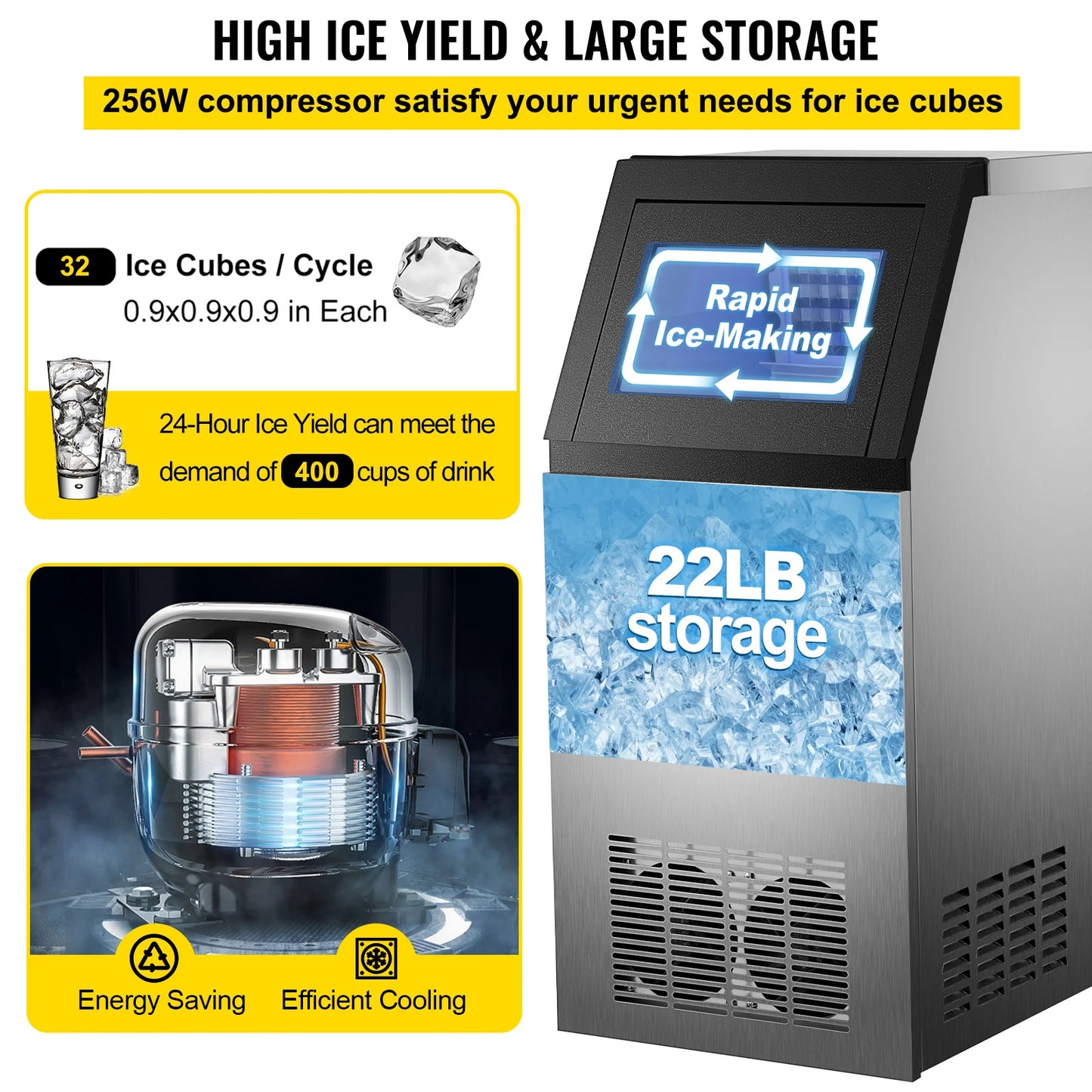VEVOR Máquina para Hacer Hielo de Acero Inoxidable de Calidad Alimentaria, Trituradora de Máquina de Hielo Comercial, 280W, 68kg/24 horas, Panel de Control LCD Inteligente para Cafeterías y Bares