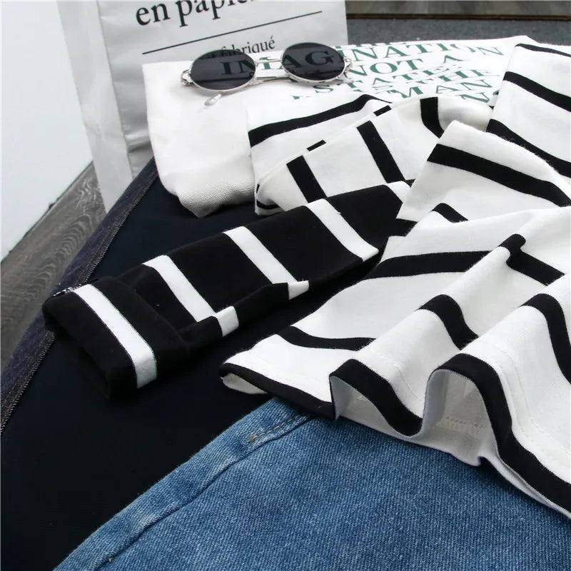1 pieza primavera y otoño invierno Top a rayas negras con estilo extranjero Ins camisa inferior mujer Camiseta de manga larga