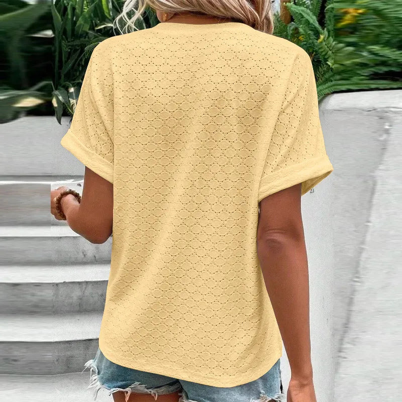 Blusas informales de Jacquard con botones y cuello en V para mujer, camisas holgadas lisas, Tops de manga corta de gran tamaño para mujer 2023
