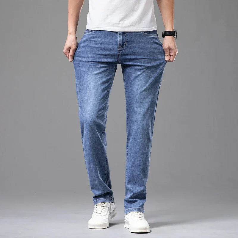 Pantalones vaqueros finos de algodón elástico para hombre, pantalón informal, recto, cómodo, color gris, a la moda, para verano