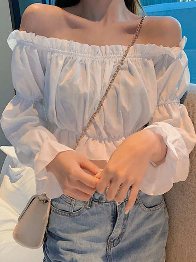 Top Sexy para mujer, blusa con hombros descubiertos, Top de manga larga de Color sólido, camisa blanca, manga abombada, Túnica con volantes, Top corto de tubo de verano