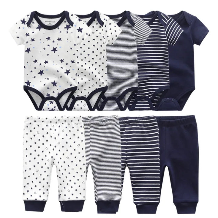 9 unids/lote monos Unisex para recién nacidos + pantalones conjuntos de ropa de algodón de dibujos animados ropa para bebé (niño o niña)