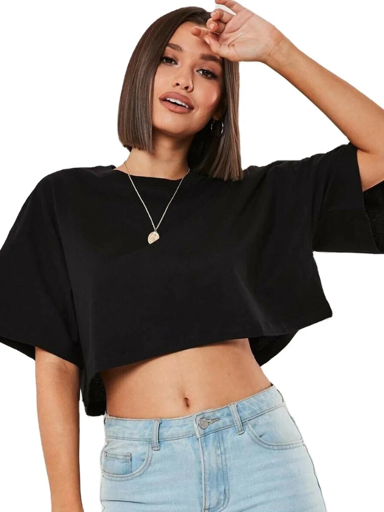 Ropa de algodón de manga corta para mujer, ropa para correr y bailar, Top corto para Yoga y Fitness, Camiseta deportiva holgada para el ombligo, camisetas de entrenamiento para gimnasio