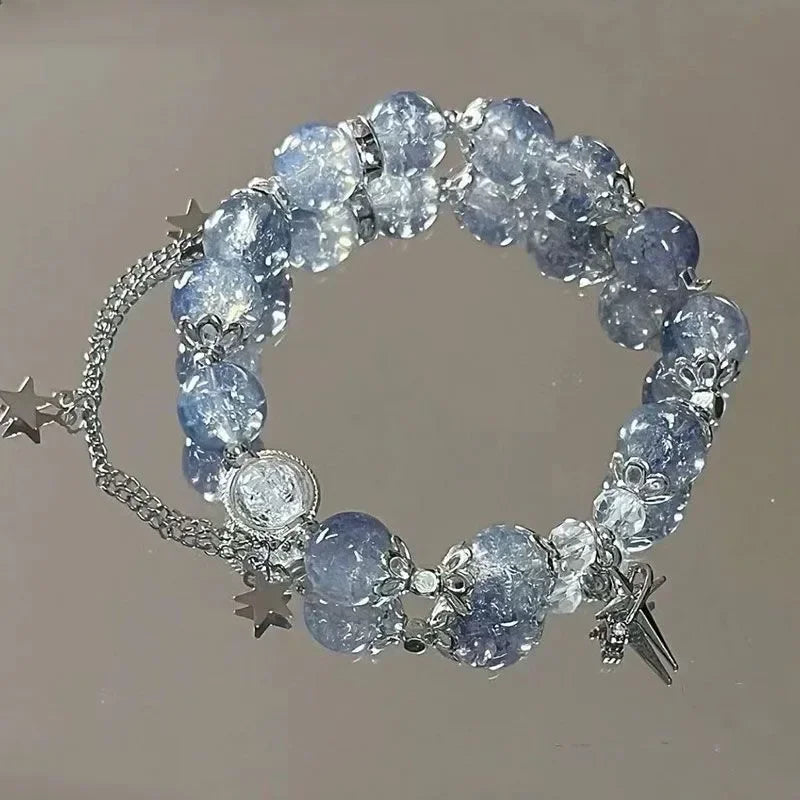Pulsera con borlas y cadena de estrella para mujer, diseño de nicho, cuentas de cristal azul de fantasÃa, pulsera de cuerda elástica, regalos de joyerÃa para mejores amigos