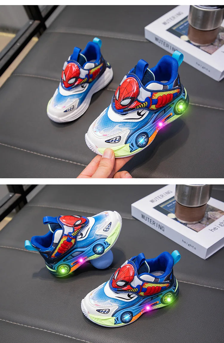 Zapatos para niños, zapatillas de deporte de Spiderman con luces LED de dibujos animados a la moda para niños, zapatos deportivos antideslizantes transpirables para estudiantes, talla 26-35