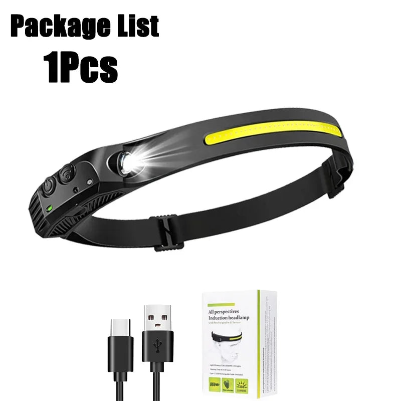 Nueva linterna frontal con Sensor LED recargable por USB, linterna XPE + COB para acampar, linterna impermeable para pesca, paquete de 3/2/1