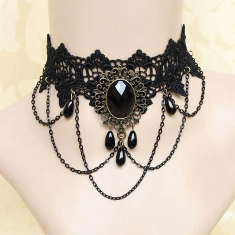 Nuevas gargantillas góticas sexis, gargantilla de cuello de encaje negro de cristal, collar Vintage victoriano para mujer, joyerÃa Steampunk