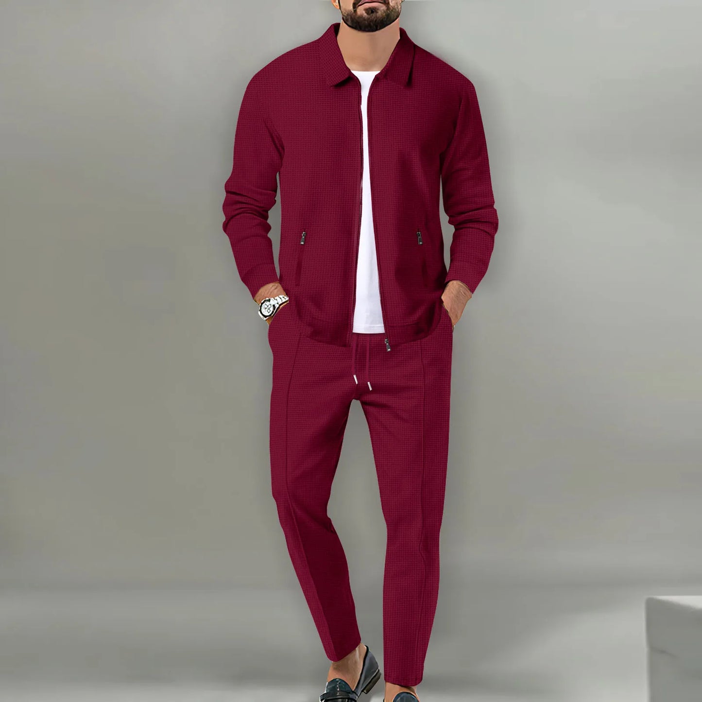 Chaqueta ajustada con bolsillo de cremallera para hombre, ropa deportiva de manga larga, conjunto de chaqueta de cárdigan, pantalones largos, elegante, conjunto de dos piezas