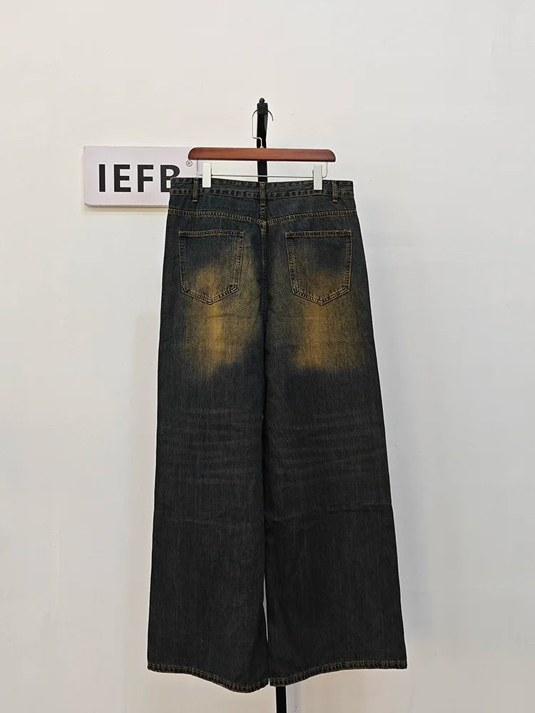 IEFB, pantalones vaqueros de verano para hombre, pantalones vaqueros lavados de color azul viejo para hombre, ropa informal recta para hombre, pantalones sueltos de pierna ancha, nueva moda 9C354