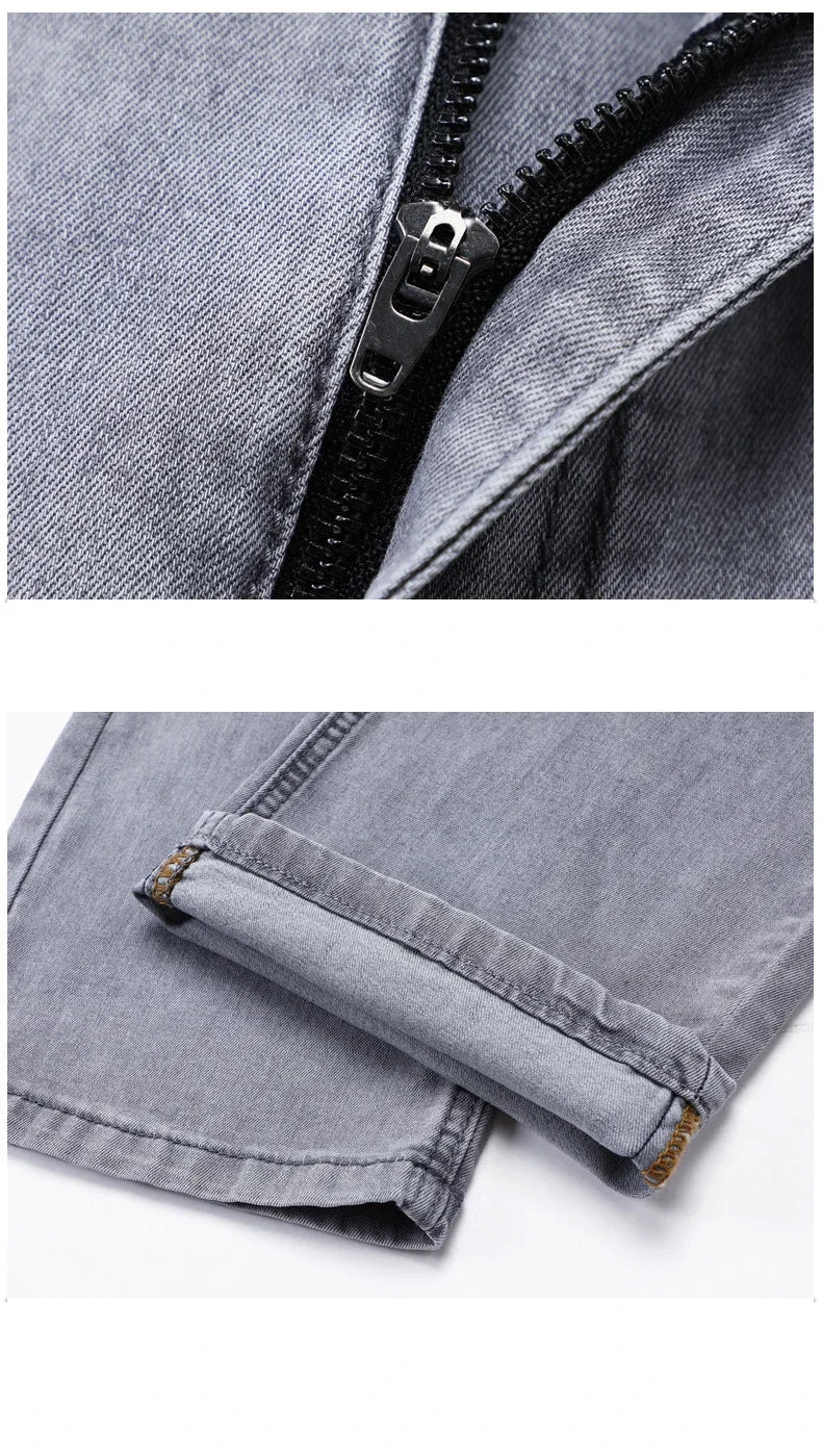 Pantalones vaqueros finos de algodón elástico para hombre, pantalón informal, recto, cómodo, color gris, a la moda, para verano