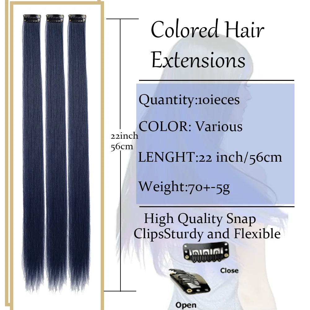10 unids/pack de extensiones de cabello con Clip para fiesta de colores para niñas, postizos sintéticos de pelo liso de 22 pulgadas de colores Omber