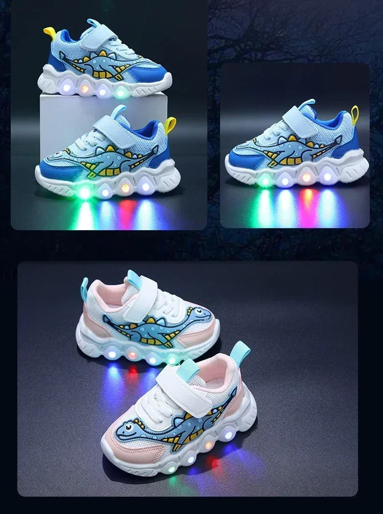 Zapatillas de deporte informales con dibujos animados para niños y niñas, zapatos de iluminación transpirables con malla LED, zapatos iluminados para bebés
