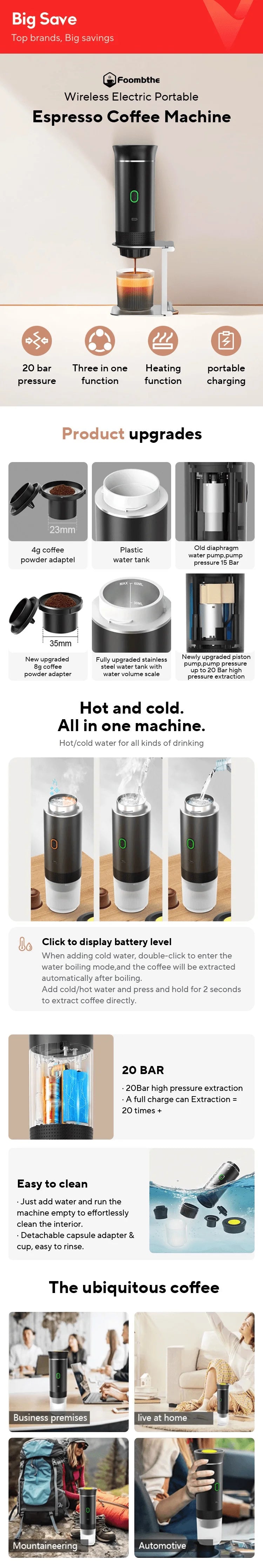 Cafetera Espresso portátil eléctrica inalámbrica para coche y hogar, cafetera para acampar, cafetera de viaje en polvo con cápsula 3 en 1
