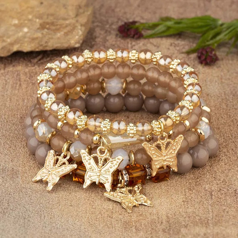 Conjunto de pulsera con cuentas de mariposa para mujer, brazalete de cadena elástica con cuentas acrÃlicas rosas, regalo de joyas de fiesta bohemia, 4 Uds.