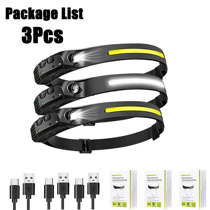 Nueva linterna frontal con Sensor LED recargable por USB, linterna XPE + COB para acampar, linterna impermeable para pesca, paquete de 3/2/1