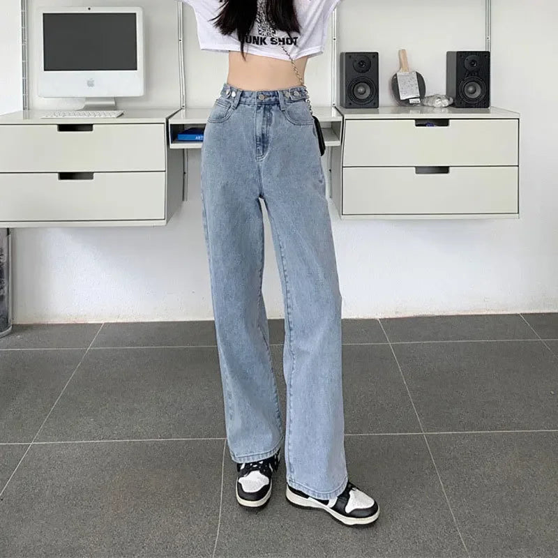 Pantalones vaqueros sueltos para mujer, diseño de cintura alta, entrepierna recta ajustable, pantalones de estilo Retro, tela de algodón, estilo informal cómodo