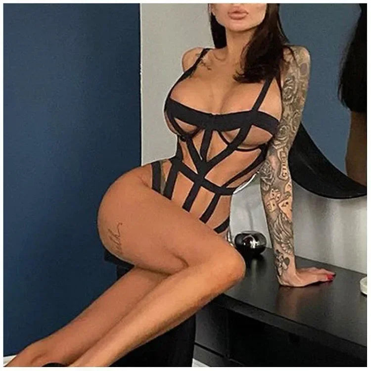 Body negro ahuecado, lencerÃa transparente, vendaje cruzado gótico, conjunto de lencerÃa Sexy, club nocturno, atractivo, seducción, mono erótico