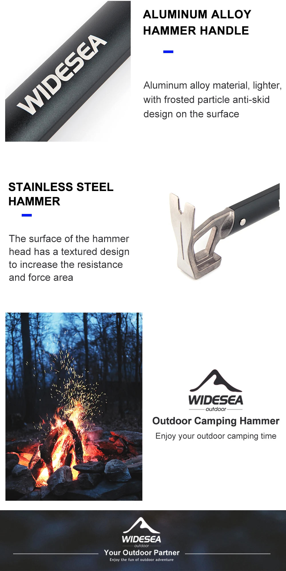 Martillo de Camping Widesea, mazo de estaca de clavija para tienda de campaña al aire libre de cobre y acero inoxidable con extractor de estaca, clavos Grond para montañismo y senderismo