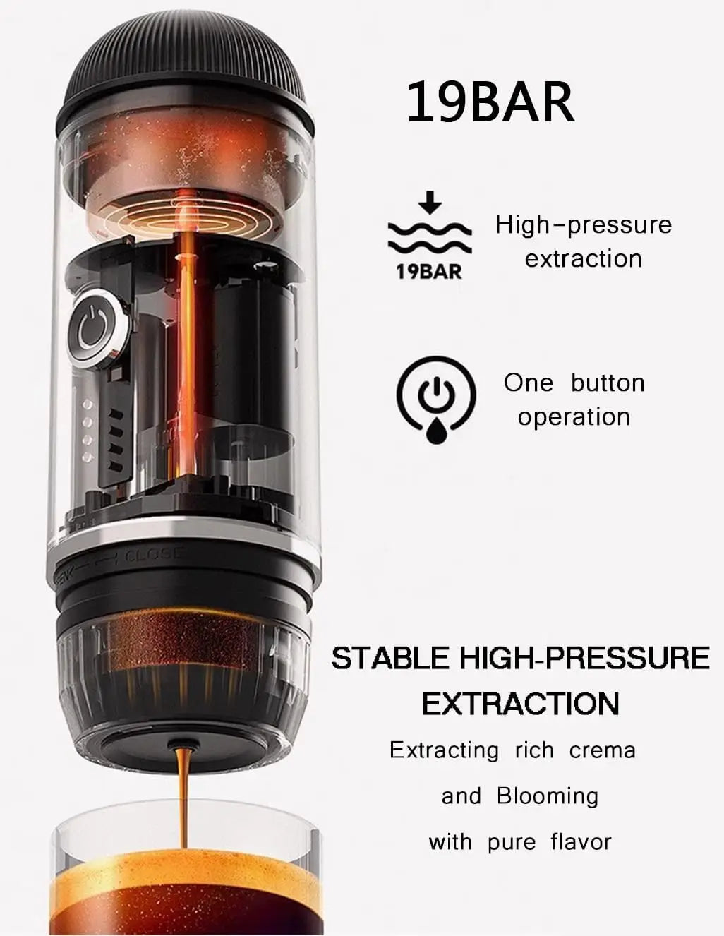 Cafetera Espresso portátil, cafetera eléctrica con autocalentamiento, alimentada por batería, presión de 19 Bar, cafetera con suelo