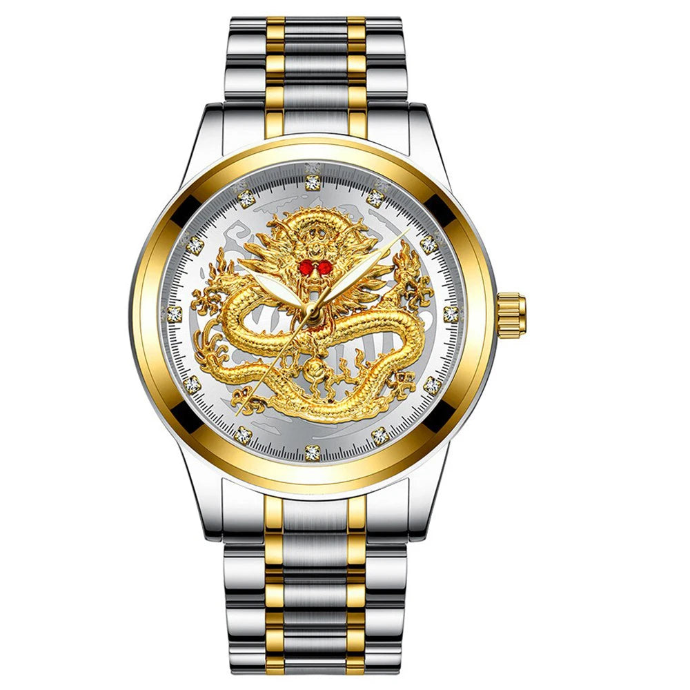 POSHI-reloj de cuarzo de acero inoxidable para hombre, cronógrafo de lujo con diseño Original de dragón dorado, resistente al agua