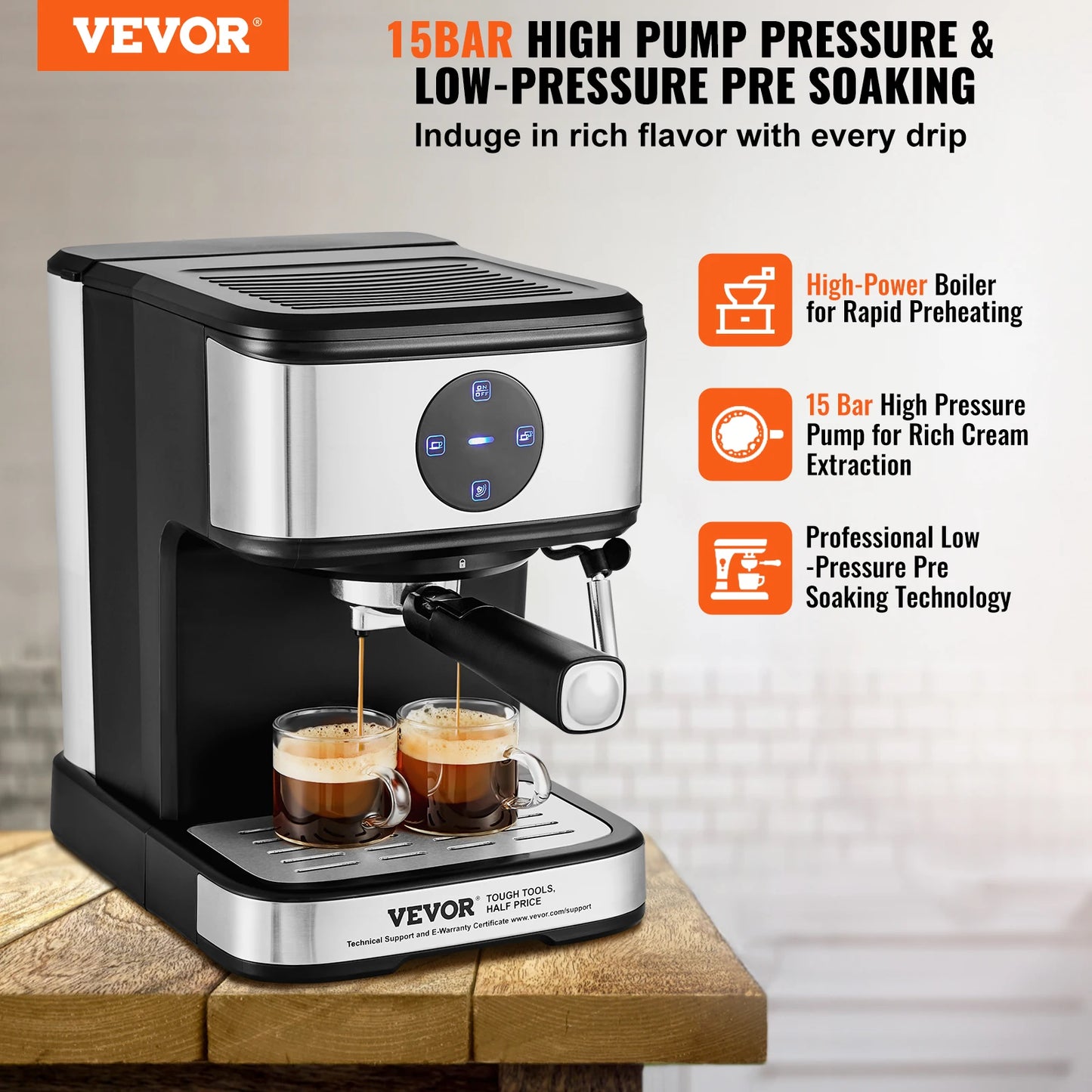 VEVOR-máquina de café y Espresso con Espumador de leche, máquina de café semiautomática profesional, varita de vapor, 15 Bar