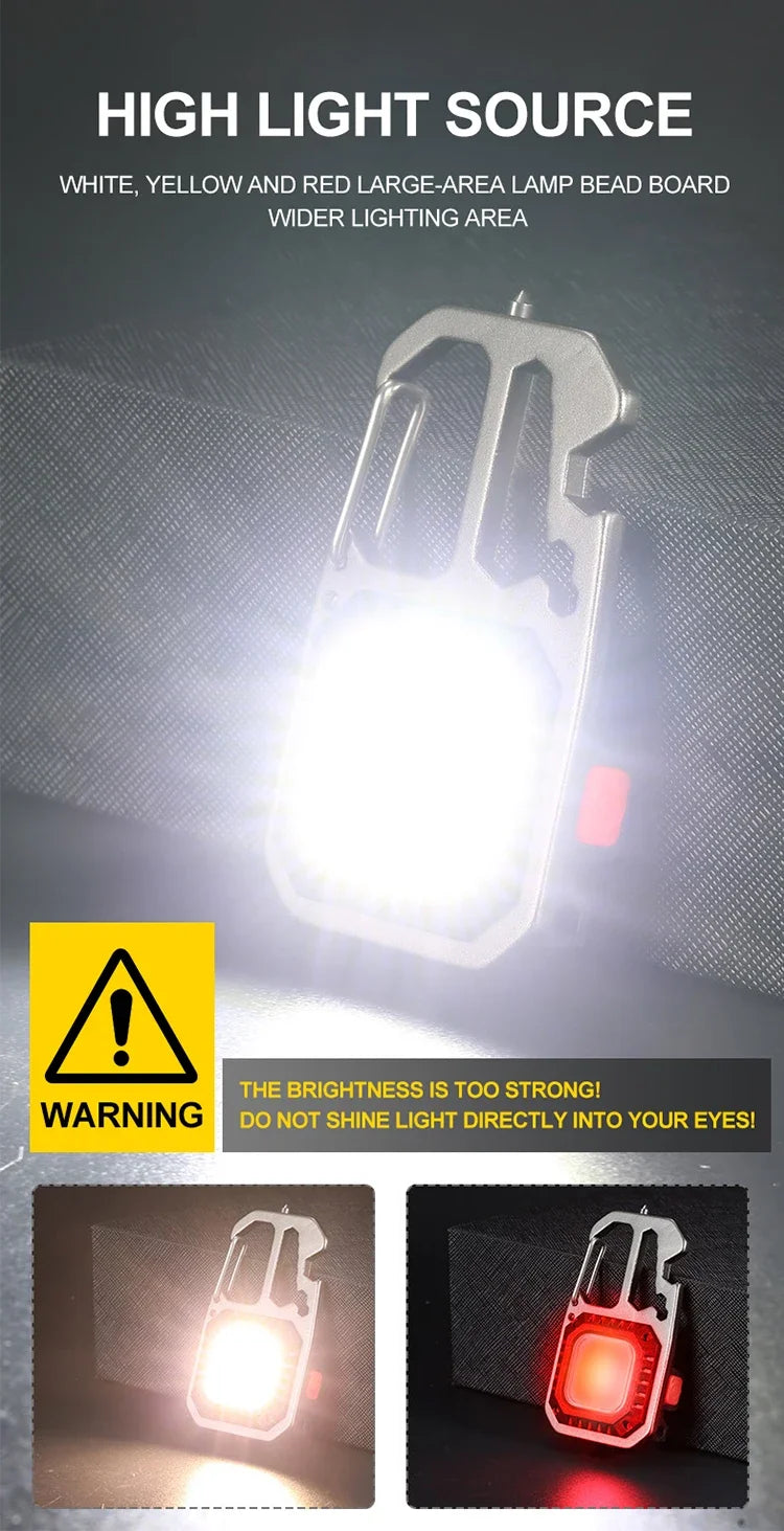 Luz de trabajo con llavero COB con pantalla de batería, luz LED portátil recargable de 8 modos de alto lúmenes para acampar, senderismo y correr