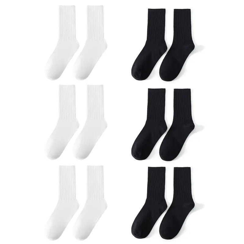 6/12 pares de calcetines de tubo medio para hombre Color sólido en blanco y negro ropa de calle Harajuku moda calcetines transpirables e informales