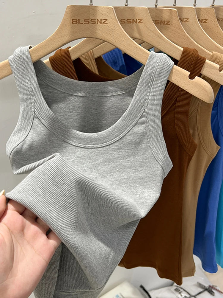 Zjaiss, camiseta sin mangas acanalada con cuello redondo liso para mujer, camisola para mujer, camiseta sin mangas elástica básica de verano 2025, camiseta sin mangas sólida con cuello redondo