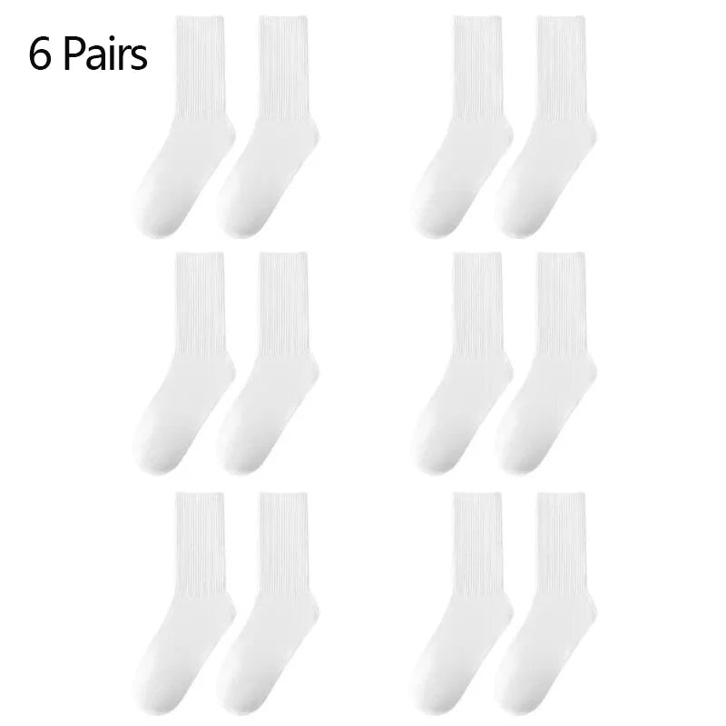 6/12 pares de calcetines de tubo medio para hombre Color sólido en blanco y negro ropa de calle Harajuku moda calcetines transpirables e informales