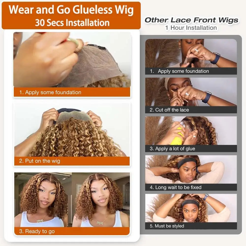 Pelucas Bob sin pegamento de color rubio miel de onda profunda, cabello humano prearrancado, precortado, desgaste y Go, pelucas rizadas, peluca con malla frontal HD ombré