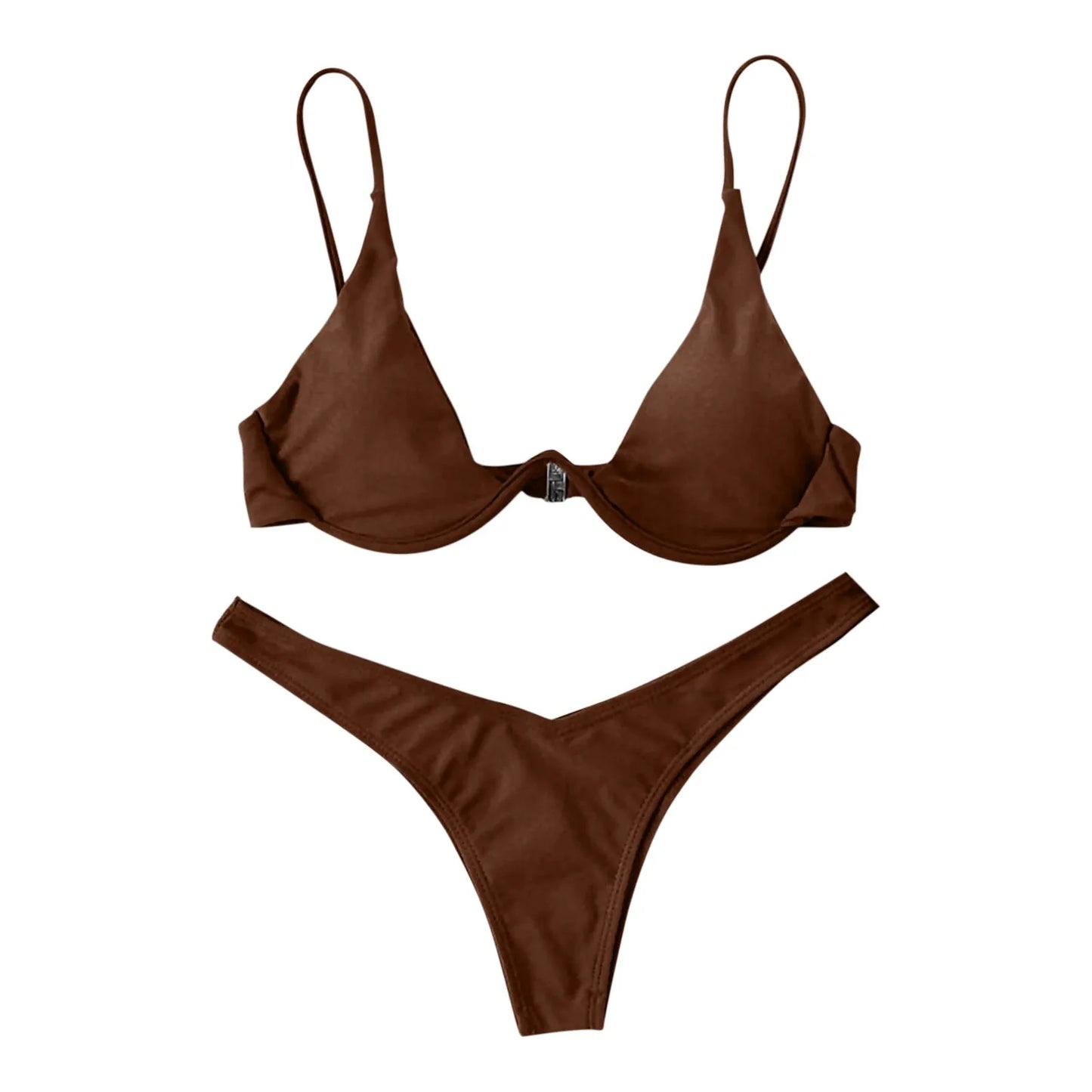 Bikini Sexy con aros para Mujer, traje de baño rojo liso con sujetador de realce, Tanga, traje de baño con cuello Halter y cuello de pico, Mini microtanga 2024