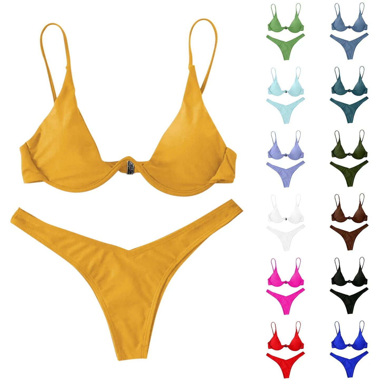 Bikini Sexy con aros para Mujer, traje de baño rojo liso con sujetador de realce, Tanga, traje de baño con cuello Halter y cuello de pico, Mini microtanga 2024