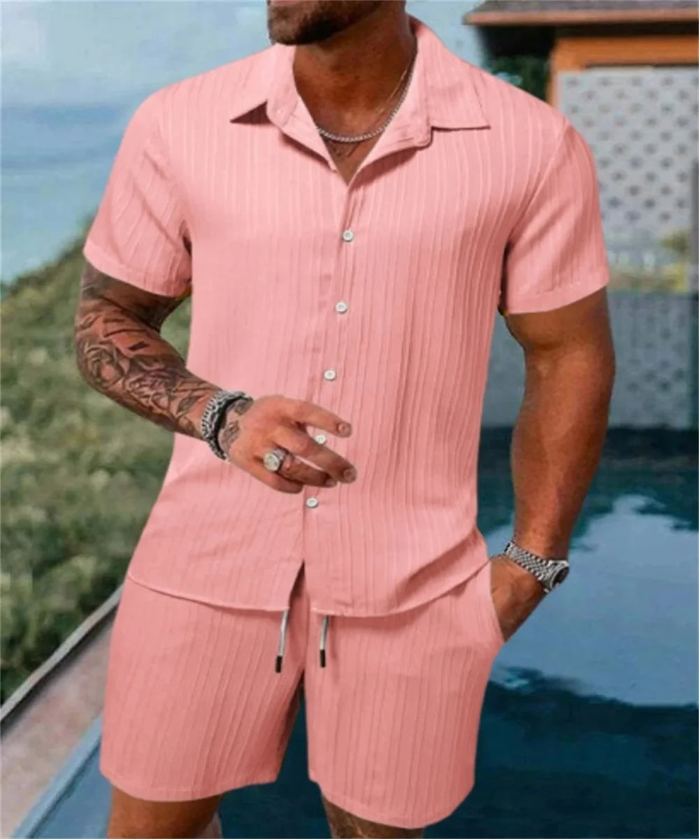 Pantalones cortos sueltos de manga corta para hombre, traje deportivo a rayas, Top informal de Fitness, pantalones cortos de playa, tendencia de moda de verano
