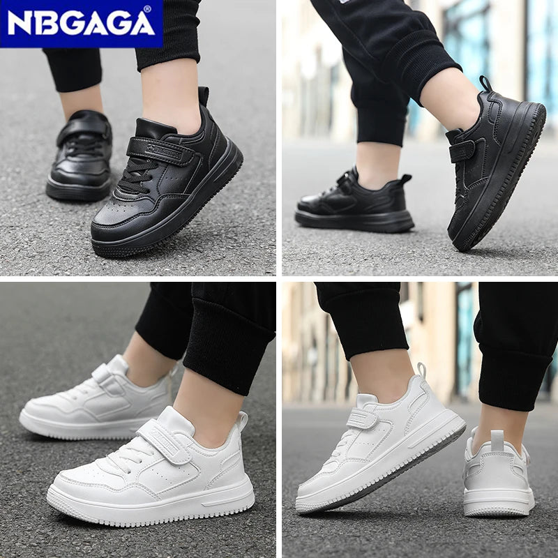 Zapatillas de deporte para niños, zapatos informales de cuero negro, zapatos planos para caminar para estudiantes, calzado deportivo ligero antideslizante para tenis para niñas