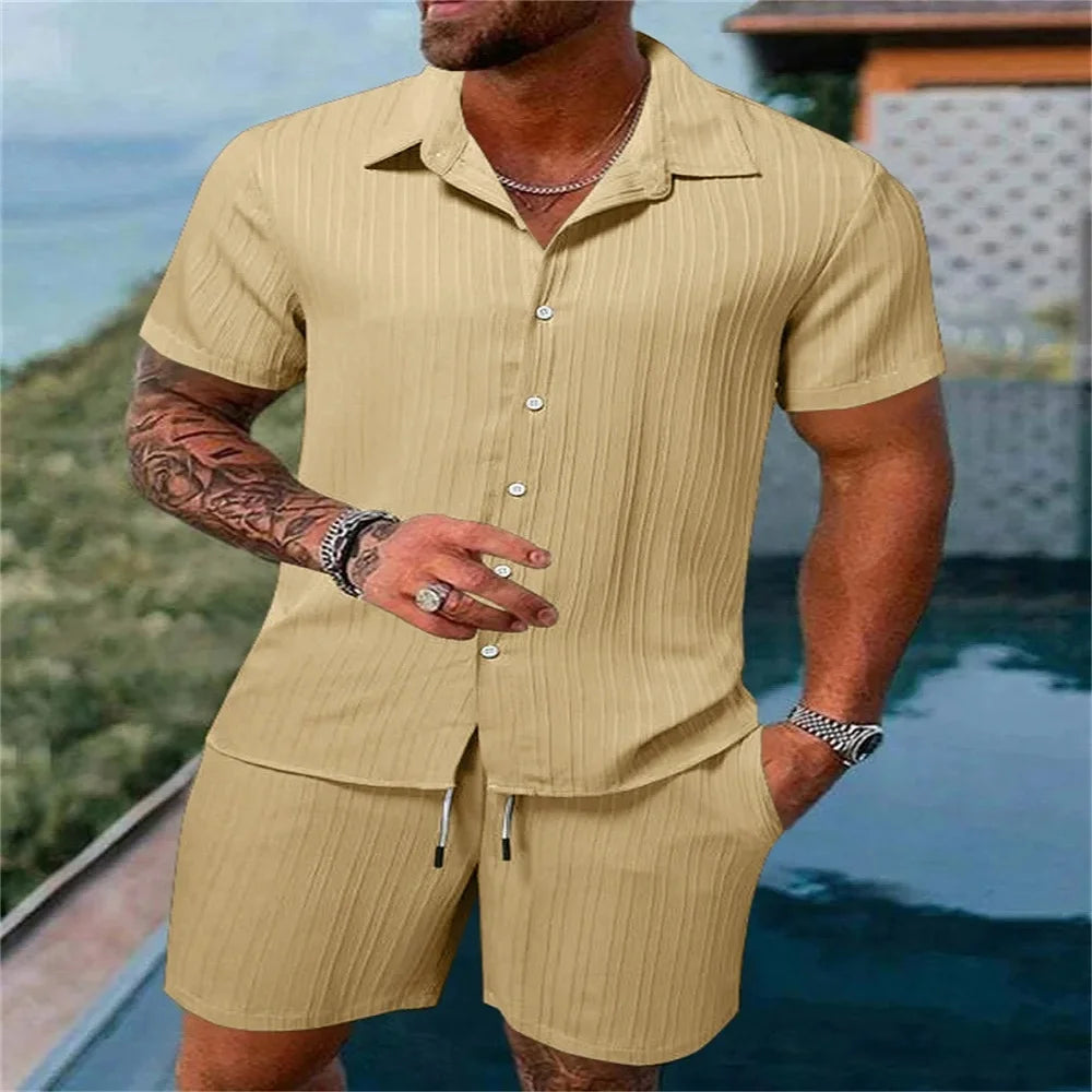 Pantalones cortos sueltos de manga corta para hombre, traje deportivo a rayas, Top informal de Fitness, pantalones cortos de playa, tendencia de moda de verano