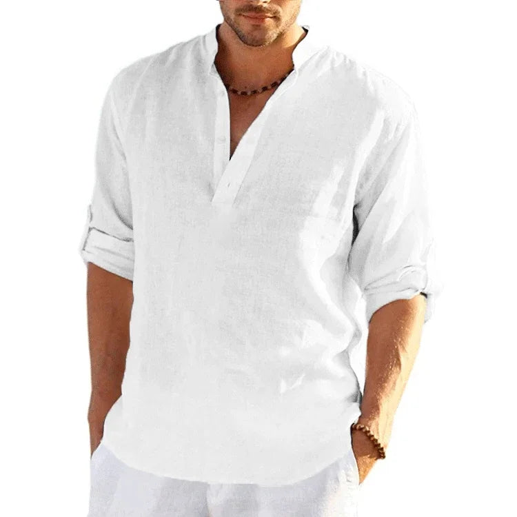 Nueva camiseta de manga larga de lino para hombre, camisa holgada informal transpirable de Color sólido, camisas de algodón para hombre, ropa de calle ligera de diseñador