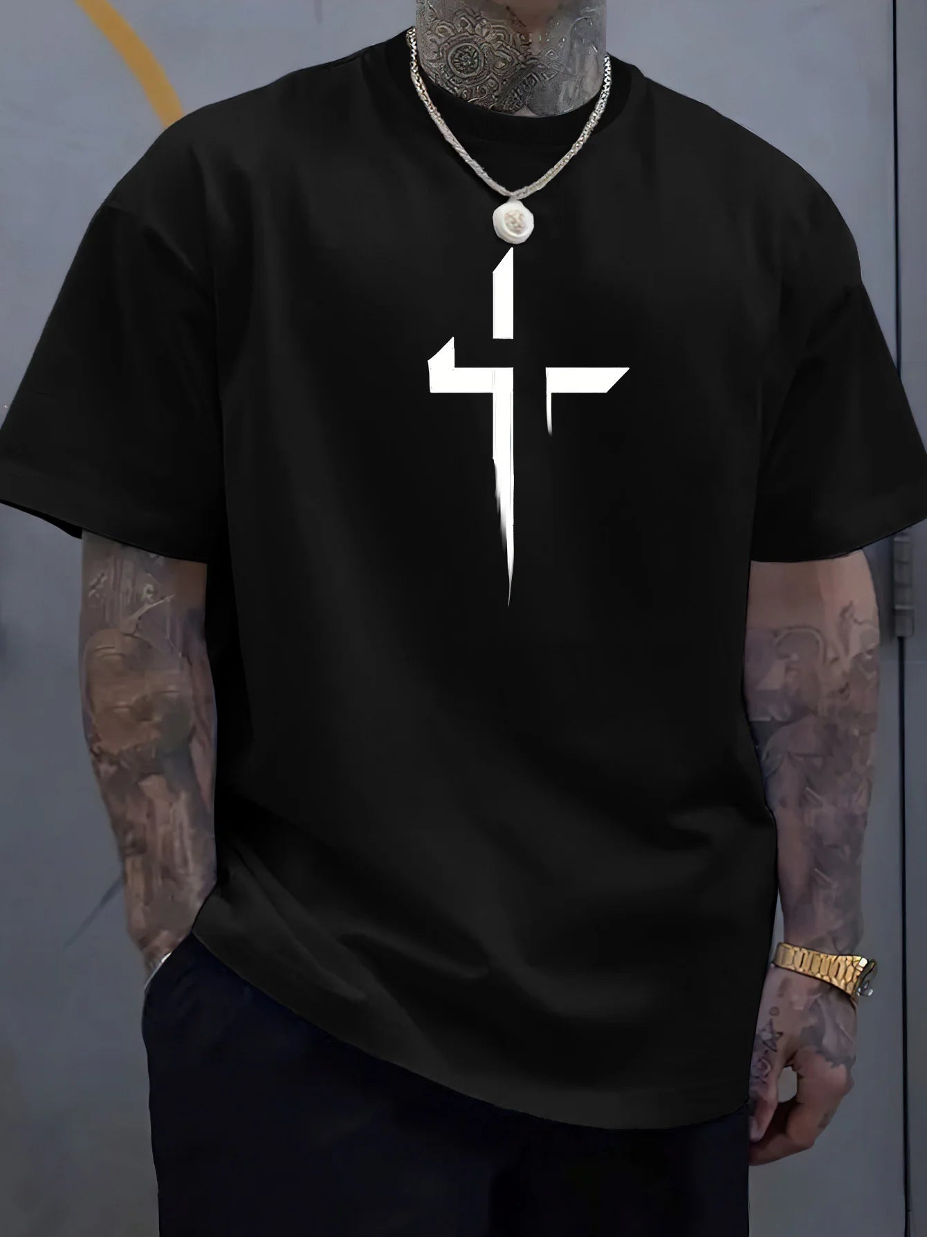Camiseta de manga corta con cuello redondo para hombre, 100% de algodón puro, informal, holgada, de talla grande, con estampado creativo cruzado, deportiva, cómoda, de verano
