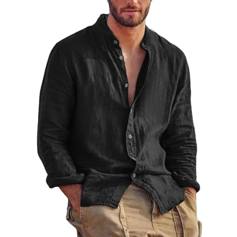 Ropa de chándal para hombre, camisa de manga larga, camisas de lino de Color sólido, Tops informales ligeros y transpirables con cuello levantado, camisa hawaiana