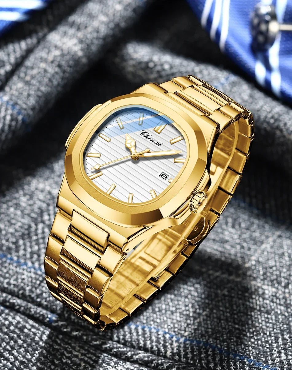 CHENXI 8222 reloj de negocios informal luminoso de acero inoxidable dorado de lujo para hombres relojes de pulsera de cuarzo de moda resistente al agua