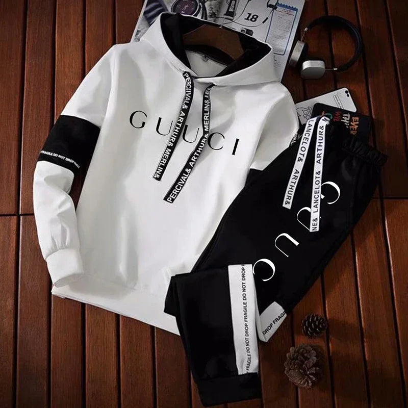 Chándal para hombre, Sudadera con capucha cálida + Pantalones de chándal, conjuntos de 2 uds., Top o pantalones blancos y negros de alta calidad para invierno, ropa informal para correr