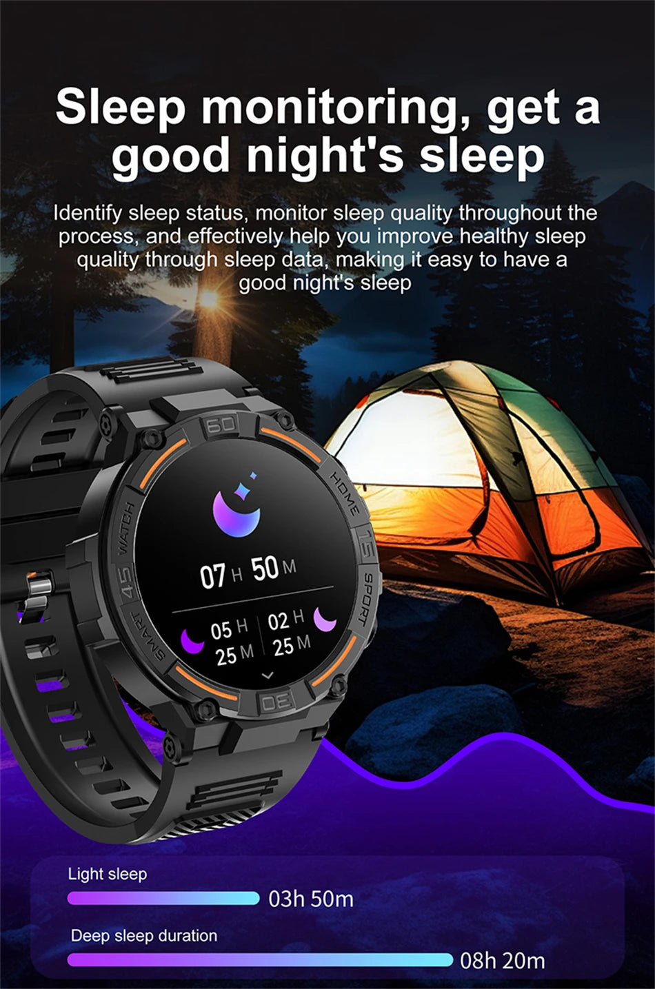 Reloj inteligente militar para hombre, dispositivo con pantalla HD de 360x360, linterna, control de la salud, resistente al agua, control del ritmo cardÃaco, llamadas BT, para Android e IOS