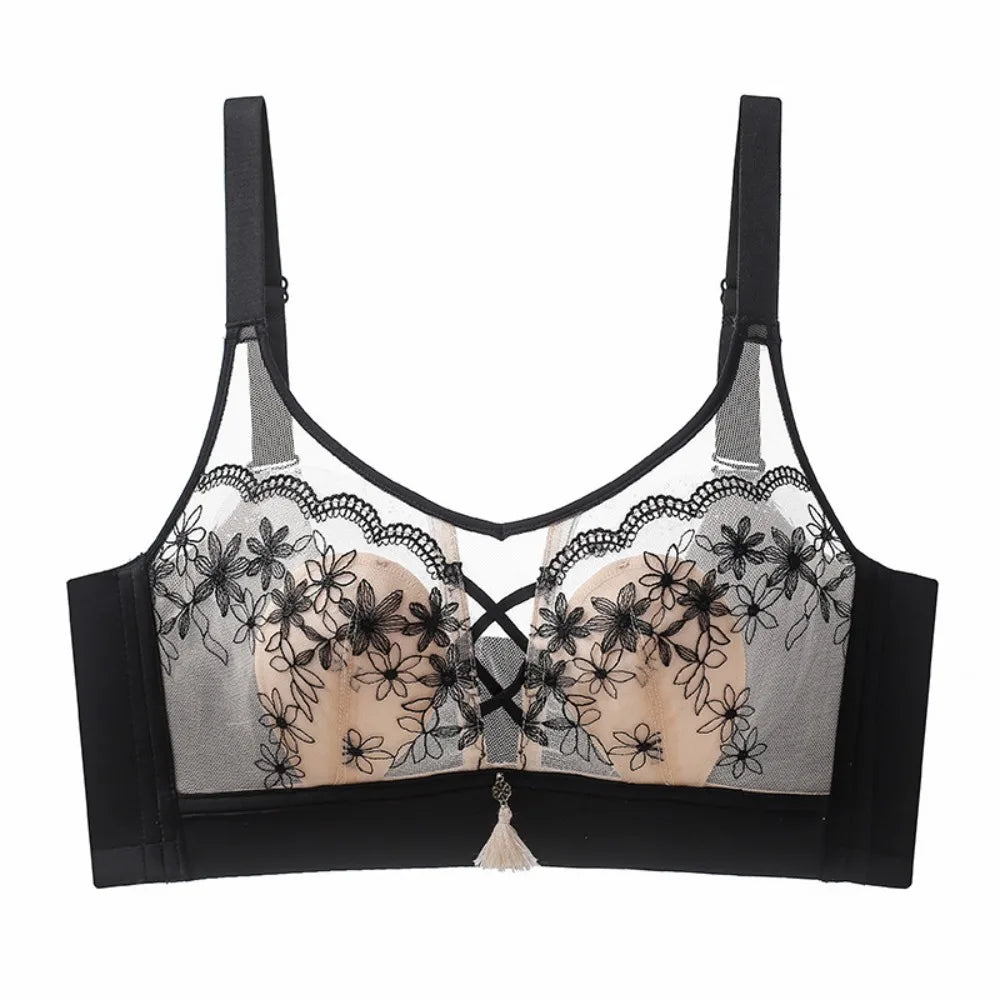 Sujetador de encaje con borlas y pechos recogidos para mujer, sujetador de malla fino a prueba de golpes, sin costuras, lencería transparente, ropa interior push-up