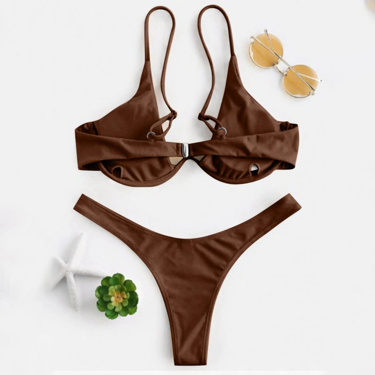 Bikini Sexy con aros para Mujer, traje de baño rojo liso con sujetador de realce, Tanga, traje de baño con cuello Halter y cuello de pico, Mini microtanga 2024