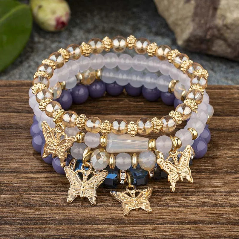 Conjunto de pulsera con cuentas de mariposa para mujer, brazalete de cadena elástica con cuentas acrÃlicas rosas, regalo de joyas de fiesta bohemia, 4 Uds.