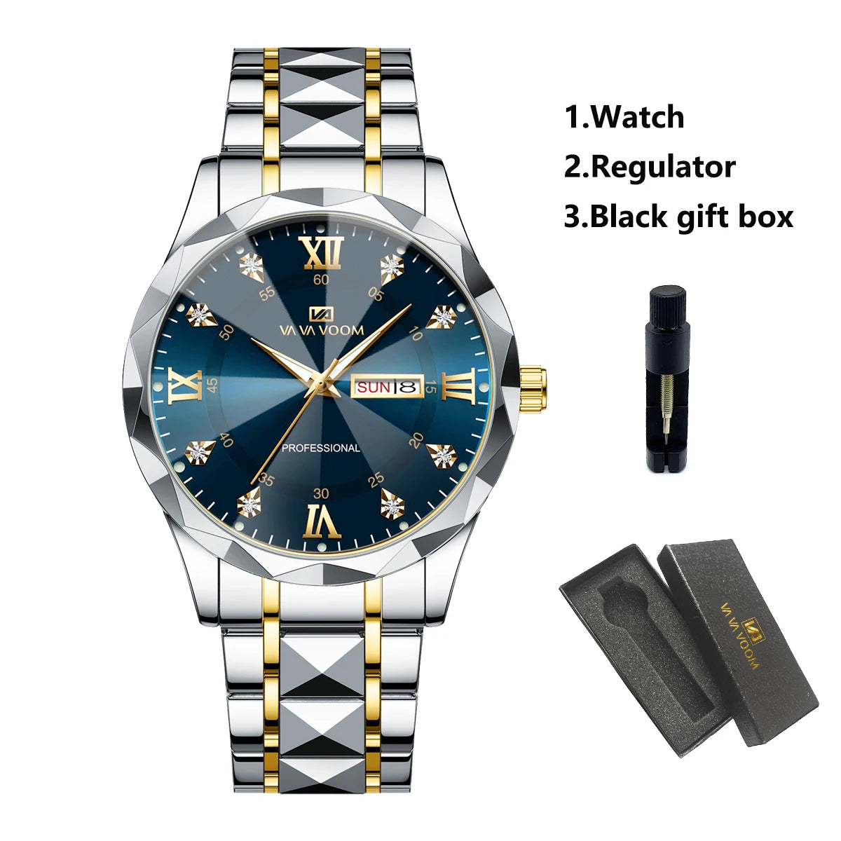 Reloj para hombre con diamantes de agua, lujo, brillo nocturno, doble calendario, movimiento de cuarzo, 41mm, oro azul, acero inoxidable, reloj de negocios de moda